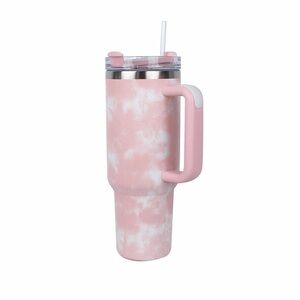 Pink and White tie-dye Travel Tumbler with Straw 40oz Stainless steel